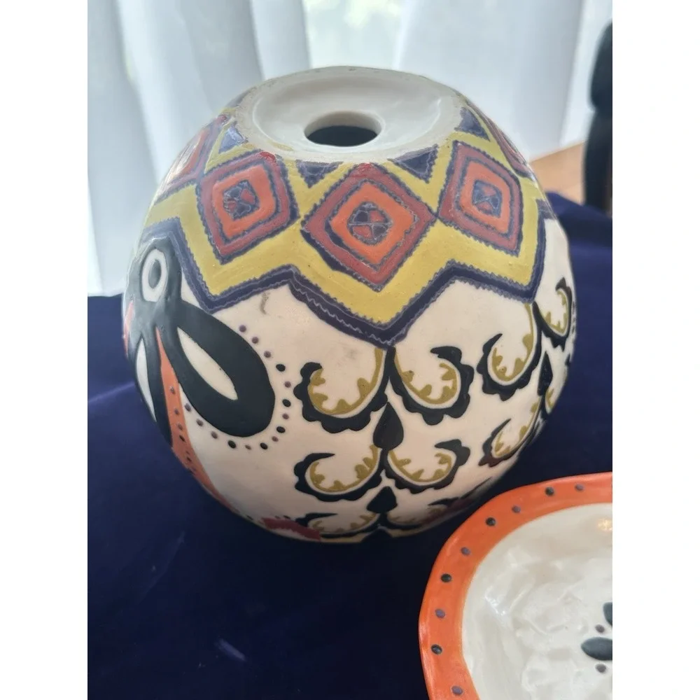 2 Ceramic Round Planters Multicolor Floral Pattern w/ Saucers Drainage Holes
